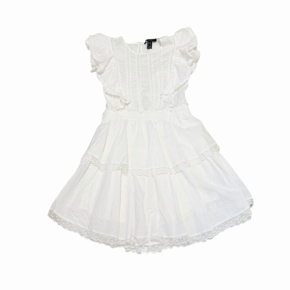 Forever 21 Women's White Swiss Dot Mini Dress Size S Babydoll Fit & Flare Ruffle - Picture 3 of 12
